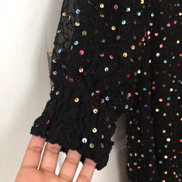 Vintage Saks Fifth Avenue Dress Sequins Rainbow Black Beaded Ruched Mini - Picture 6 of 14